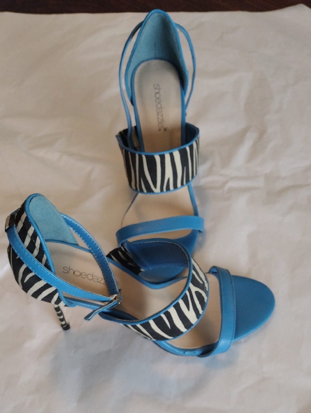 Shoe Dazzle Blue Zebra-Print Strappy Stiletto Sandals 8.5